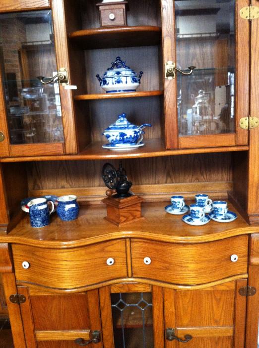    Oak hutch matches oak table/blue & white items
