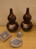Pair of lovely cloisonne gourd-shaped vases and three pieces of Wedgwood