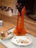 Georg Jensen covered dish, vibrantly colored fold-over glass bowl, mid century orange glass centerpiece