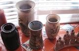 Three vases in center are by Deep Creek Pottery, Colorado, signed Barbara.
