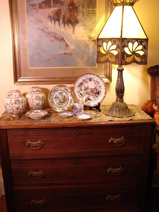 Victorian chest, Indian Tree and Maastricht porcelain. Antique lamp with slag glass shade. G. Harvey double signed print.