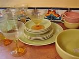 "Ballerina" dinnerware by Universal in chartreuse, introduced in 1949, and collectible stemware