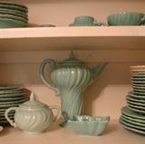 Franciscan turquoise gloss pedestal style chocolate or coffee pot and other pieces. Excellent condition.