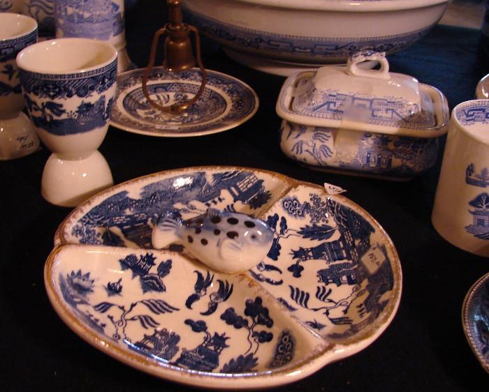 Unusual relish dish in Blue Willow with fish in center