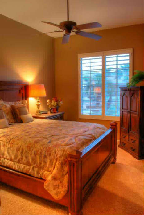 Century Queen Panel Bed with Footboard & Rails, Lady American Queen Double Pillowtop Mattress, Century Bedside tables with marble tops, Stiffle Brass lamps, antique Armoire