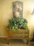 Antique Brass Chest, Plant Arrangement and Fountain Above