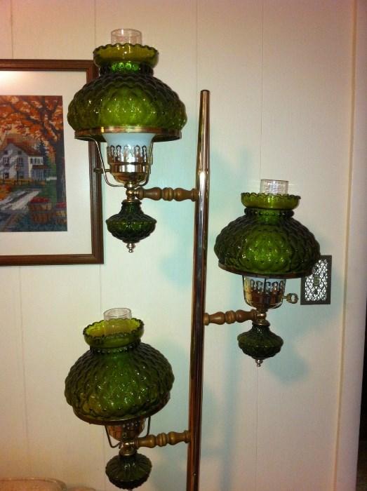 1960s-1970s retro pole lamp features three lights with hurricane chimneys and green hobnail shades. (Sue & Earl had a lamp like this when they got married in 1972!)