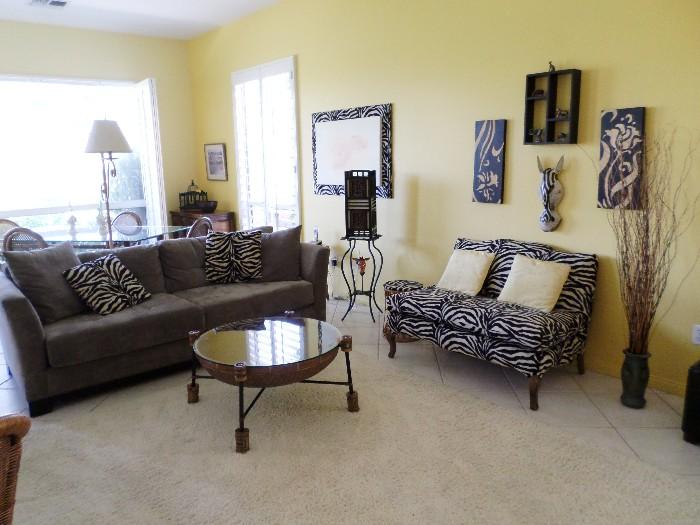 Safari Decor-Microfiber sofa, zebra setee, sm. round cocktail table, Africian decor & pillows