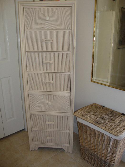 Tall wood and wicker 7 drawer storage cabinet