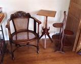 Antique cane seat chair, Eastlake candle/plant stand & 4-tier folding shelf