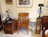 Desk lamps, old oak library chair & misc. plant stands