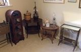 Domed cabinet + vintage end tables - the one on the far right is gilt metal with  mirrored top