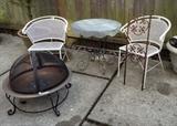 Patio chairs, galvanized round table & portable fire pit.