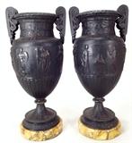 Pair of Classical Style Cast Iron Urns on Marble Bases, 19th/20th C.