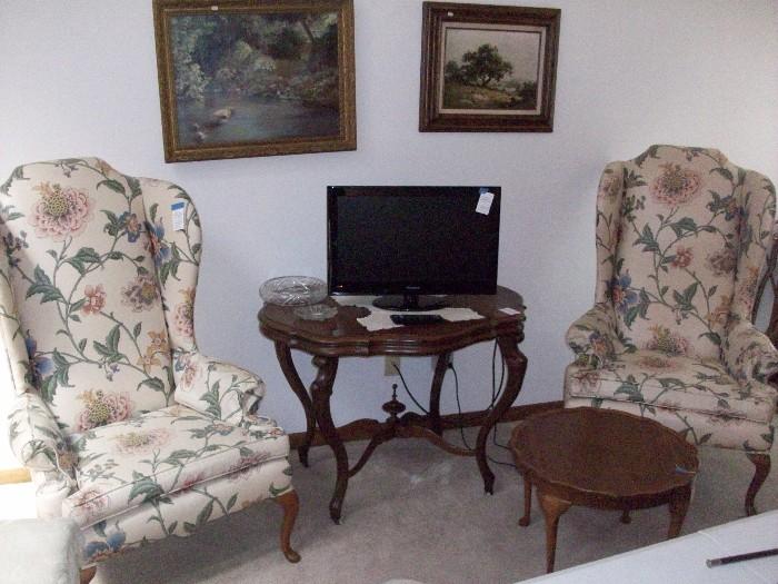 Pair of High back chairs, Victorian table & Queen Ann style side table