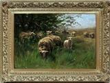 Lot#2001, HERMAN JOHANNES VAN DER WEELE (DUTCH 1852-1930), OIL ON CANVAS, H 23", L 35"Shepherd and sheep in pastoral landscape with trees on left.  Signed lower right.  Three sheep in foreground, shepherd, and rest of flock in distance.  In antiqued wood and gesso frame with scrolling acanthus leaf and floral raised design.  23 1/2" x 35".