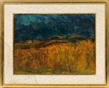 Lot#2005, SIR WILLIAM MACTAGGART OIL ON BOARD, H 12", L 16" "SUNSHINE AND SHOWERS"Sir William MacTaggart [Scottish 1903 - 1981].  A farm landscape in changing weather conditions.  Signed lower left, matted and framed.  Alice Simsar Gallery Ann Arbor, MI and partially obscured Edinburgh, Scotland labels on verso.