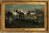 Lot#2007, ALFRED WIERUSZ KOWALSKI (POLISH 1849-1915), OIL ON CANVAS, H 29", W 48"Signed lower left.  Depicting a Polish man riding a hay cart pulled by team of four horses, following a coach. Cottage in distance with many figures walking towards it on muddy road.  In elaborate, gilt wood and gesso frame.