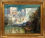 Lot#2013, DOUGLAS ARTHUR TEED [AMERICAN, 1864-1929], OIL ON CANVAS, 1927, H 20", W 25"Signed and dated in the lower left.  Middle Eastern street scene with figures.  Framed. Measuring 20" x 25 1/2" visible.