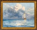 Lot#2016, ANTON OTTO FISCHER, OIL ON CANVAS, H 22", L 28", "APPROACHING STORM"Anton Otto Fischer [American 1882 - 1962].  Depicting clipper ship sailing in a calm sea with a troubled sky.