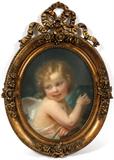 Lot#2018, CONSTANT JOSEPH BROCHART [1816-1899], PASTEL, 1848, H 18" W 14"Constant Joseph Brochart [French, 1816-1899]. Signed and dated at the upper middle. Depicting a cherub. Measuring 18" x 14 1/2". Framed in a gilt wood and gesso frame, carved in high relief with floral arrangements, surmounted by a bow form crest.