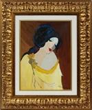 Lot#2021, TARKAY (ISRAELI B.1935), OIL ON CANVAS, 16'' X 12''Woman in yellow blouse. Signed lower right.  Also signed and dated 2-27-2002 on verso and inscribed:  "To:  A. Domanowski".  Framed.