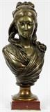 Lot#2036,ALBERT CARRIER BELLEUSE (FRENCH 1824-1887), BRONZE SCULPTURE, BUST OF A FEMALE, H 20"Golden bronze patina on rouge marble base.  Signed, also marked "Pinedo".