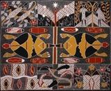 Lot#2061, TERRY DHURRITJURI YUMBULUL (ABORIGINE, BORN C. 1947), PAINTING ON CANVAS OR FABRIC, "WANAGU"Warranniri Tribe, Wesell Islands. Depicting mythology of the Bararngu Tribe - turtles, fish, birds, serpent and figures.  Signed lower right. The size of the painting is 58 1/8" x 68 5/8".  From an important Grosse Pointe Farms, MI collection.