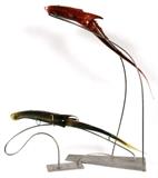 Lot#2094, STEPHANE RIVOAL, CONTEMPORARY BLOWN GLASS & STEEL SCULPTURE//The 2 multicolored 'fish' are L 36" and 38"; two section steel stand is H 12".