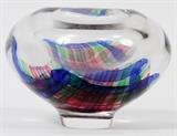 Lot#2095, GARY BEECHAM (AMERICAN B. 1955), CONTEMPORARY BLOWN GLASS DOUBLE TEXTILE VESSEL, 2000, H 4 1/2", DIA/Etched signature, date and title (also marked 'sput___') on underside of the base; multicolored.