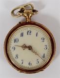 Lot#2111, J. E. DUFOUR LADY'S 18 KT, DIAMOND AND ENAMEL POCKET WATCH, DIA 1"The back of the 18 KT yellow gold case has an enamel cover depicting two hand painted cherubs surrounded by thirty-four diamonds.  The interior of the case is also marked 18KT as well as "No 15630 J. E, Dufour & Cxe E Wirth Luco Genève".  Blue Arabic numerals on a cream colored face which is also surrounded by red enamel.