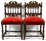 Lot#8,JACOBEAN STYLE OAK SIDE CHAIRS, PAIR, H 30.5", L 17"Each with red velvet cushioned seats, spindle framework, back splats, legs and stretchers.