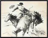 Lot#13, PAL FRIED (HUNGARY 1893-1976), CHARCOAL DRAWING, H 30", W 23", BRONCO/depicts a cowboy riding a bucking horse. Signed lower left, black painted wood frame. Gallery 63, New York, label on verso.