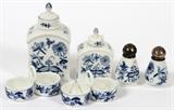 Lot#51, MEISSEN PORCELAIN APOTHECARY JARS/ TEA CADDIES, OPEN SALTS AND PEPPER SHAKERS, 6 PCS., H 3" - 5 1/2"includes two apothecary jars/tea caddies, 3 1/2" & 5 1/2" H.; two pepper shakers 3" H. and two open salts, 4" H.; all having crossed sword marks;