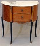 Lot#69, MARBLE TOP DEMILUNE COMMODE, H 27", L 27", DIA 14"Two drawer with bronze pulls, bronze design accents. White with grey veining though out.