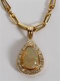 Lot#88, 2.74CT OPAL & DIAMOND PENDANT NECKLACE, L 16 1/2"14kt yellow gold necklace, featuring a 2.74 carat pear shape natural opal at dangling pendant, surrounded by 0.50 carats of inset round side diamonds. Measuring L. 16 1/2", with the pendant measuring L. 1". The total weight of the necklace is approximately 12.7 grams.