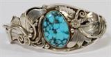 Lot#146, NAVAJO STERLING AND TURQUOISE CUFF BRACELET//One oval turquoise stone. Impressed Sterling and HS with arrow (Harry Sandoval?).