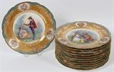 Lot#1036, SEVRES, FRENCH PORCELAIN PLATES, SET OF TWELVE, DIA 9 1/2"Each porcelain plate is painted at the well with a courting couple, comprising six different scenes, bordered by three vignettes of cherubs.  Possibly signed "Gette" at underside.  Marked Chateau des Tuileries in iron red, S. 37 in black and Sevres 1844 in blue (see additional photos).