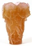 Lot#1130, DAUM PATE DE VERRE VASE, H 6.5"//Molded flowers in tangerine with pink upper rim, signed "Daum France".