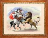Lot#1172, ORIENTALIST WATERCOLOR ON PAPER, SIGNED & DATED 1919, 13" X 16 1/2", ARAB ON HORSEBACK ATTACKED BY LION//Illegibly signed "Paul Merck--" and dated 1919 lower right, under glass in a period frame.
