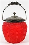 Lot#1260, VICTORIAN RED SATIN GLASS BISCUIT JAR, H 8"Lobed form jar, mounted with silver plated lid with handle. Measuring H. 8" x 6 1/2".