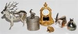 Lot#1616, METAL DECORATIVES, SIX, H 1"-4 1/2"Including one gilt metal figure of toad by Karen Callan, two Dansk figures of animals, one Italian box and desk clock, and one reindeer, made in Japan.