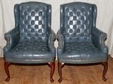 Lot#2268, HIGH POINT "JAMESTOWN COLLECTION" LEATHER ARM CHAIRS, PAIR, H 39"Each having tufted Antique Blue upholstery finished with brass tacks.