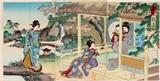 Lot#2282, JAPANESE UKIYO-E COLOR WOODBLOCK TRIPTYCH, GEISHAS ON VERANDA , 14" X 28"Block signed.