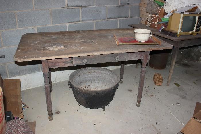One of several primitive farmhouse tables, this one with only a TWO board top!