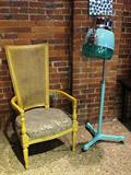 Converted 1950's hair dryer floor lamp, Art Deco style caned high back chair
