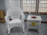 Lovely wicker patio set includes, chair, rocking chair 2 side tables and plant stand.  Perfect for a spring afternoon on the porch!