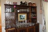 Vintage bar ware, Several sets of Quartex "Stardust pattern" stemware, Martini pitchers, Thomas Kincade litho