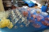 Elegant glass: Heisey sherbets &misc. serving pieces...Depression Glass: Indiana Glass Co. Yellow Loraine dinner set, punch bowl and cups, Aroc pink Swirl snacks, Macbeth-Evans pink Dogwood pattern (2 lunch settings)