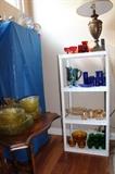 Vintage cobalt glass hand blown pitcher and tumblers, green punch cups, amber fruit bowl and 5 individuals,